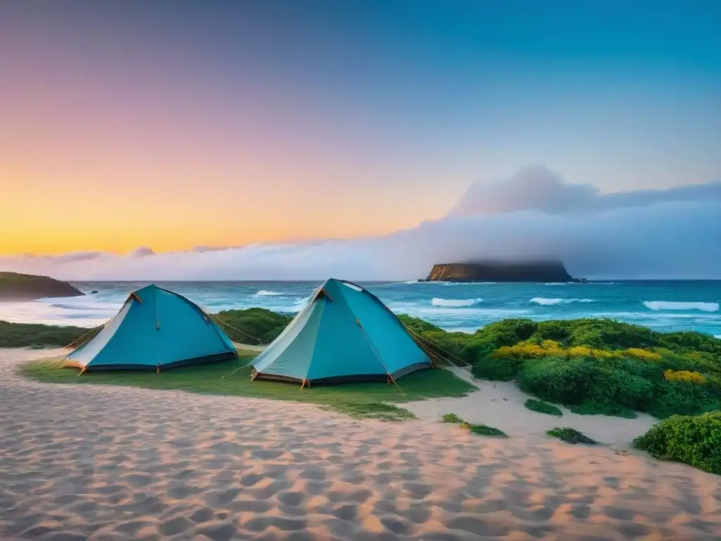 Maravilloso amanecer en la playa de Uruguay con coloridas tiendas de campaña