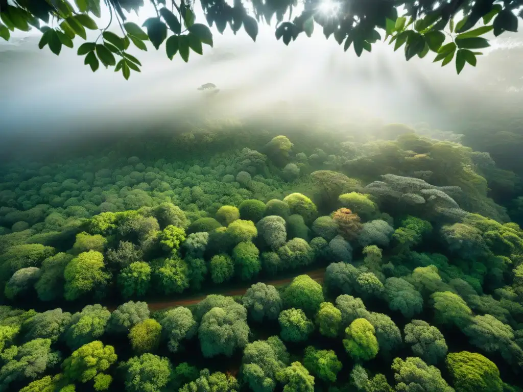 Maravilloso bosque de Uruguay con patrones de luz filtrándose entre el dosel, creando una tela verde hipnótica