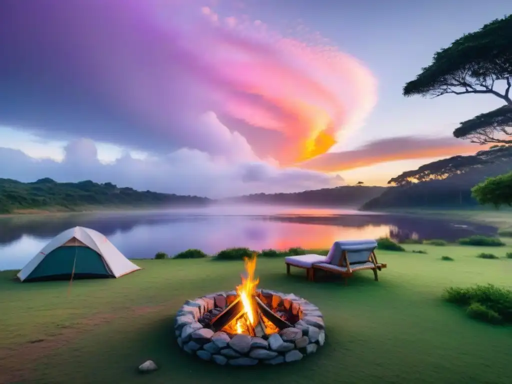 Disfruta de los mejores consejos para acampar en Uruguay con esta impresionante imagen de un campamento al atardecer