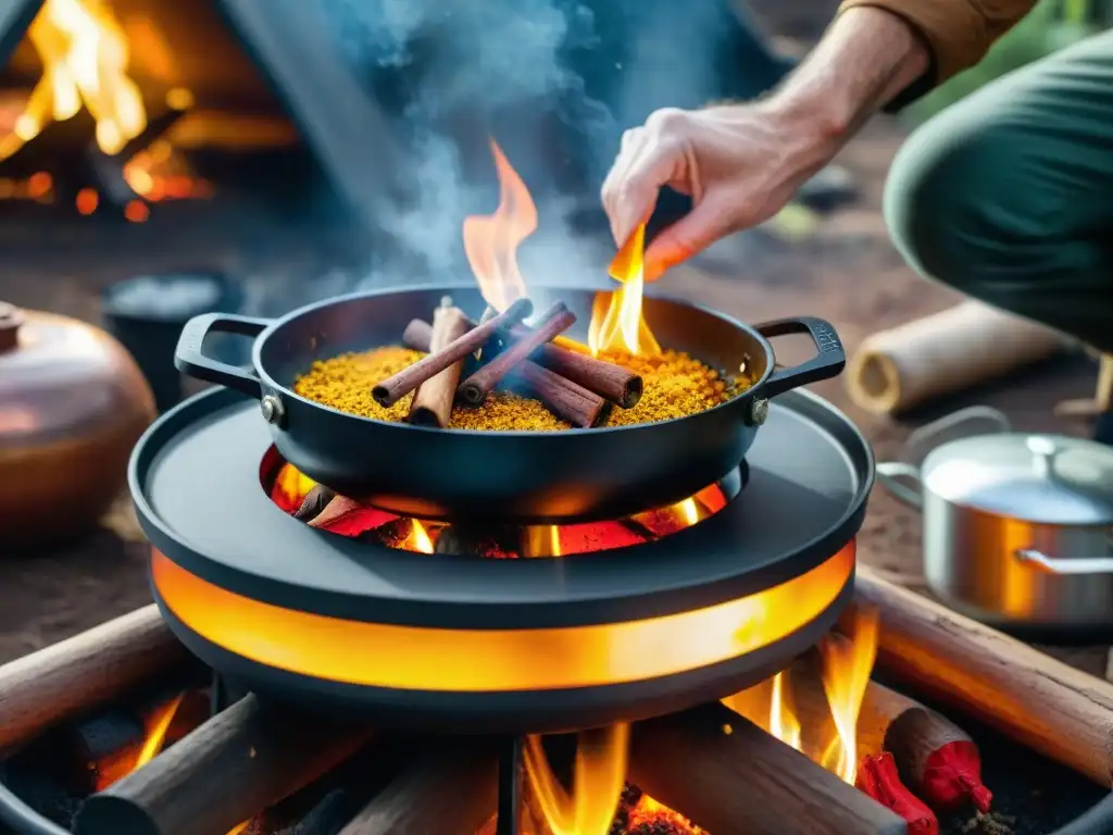 Mejores especias para cocina camping: Mano espolvoreando especias sobre sartén al fuego, creando una danza de colores y aromas en la naturaleza