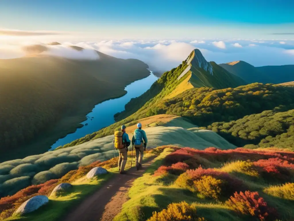 Excursión con los mejores GPS para camping en Uruguay: hikers en colina verde, bosque otoñal y majestuosa cordillera