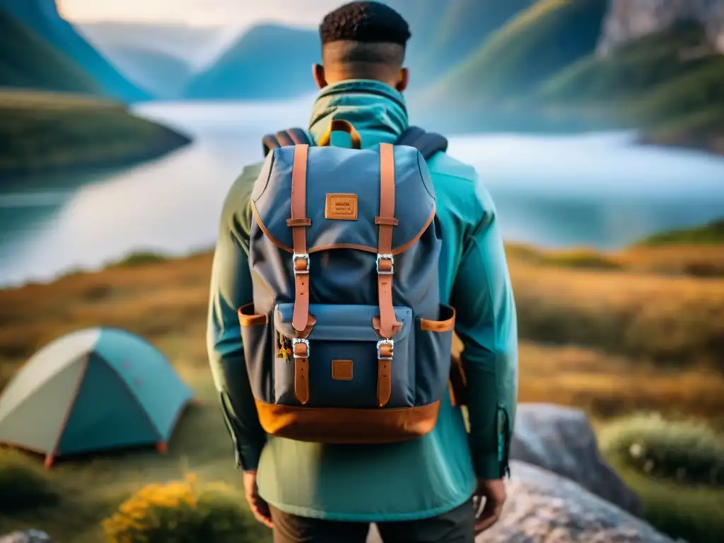 Las mejores mochilas técnicas para camping: Manos de aventurero empacando meticulosamente una mochila técnica de alta gama en un entorno al aire libre