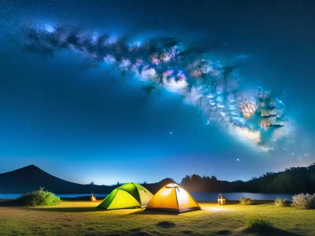 Mejores paquetes camping observación estrellas Uruguay: Noche estrellada en Uruguay con la Vía Láctea sobre un campamento y fogata