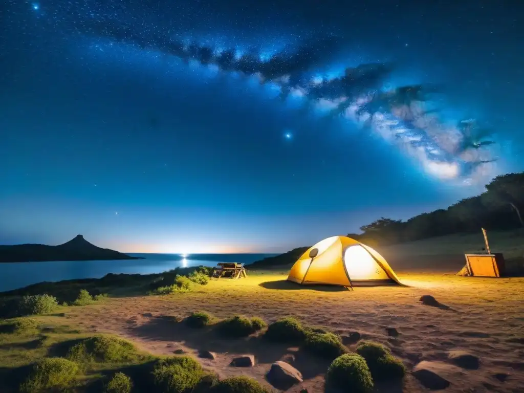 Mejores paquetes camping observación estrellas Uruguay: Noche estrellada en campamento sereno, con tienda iluminada y fogata