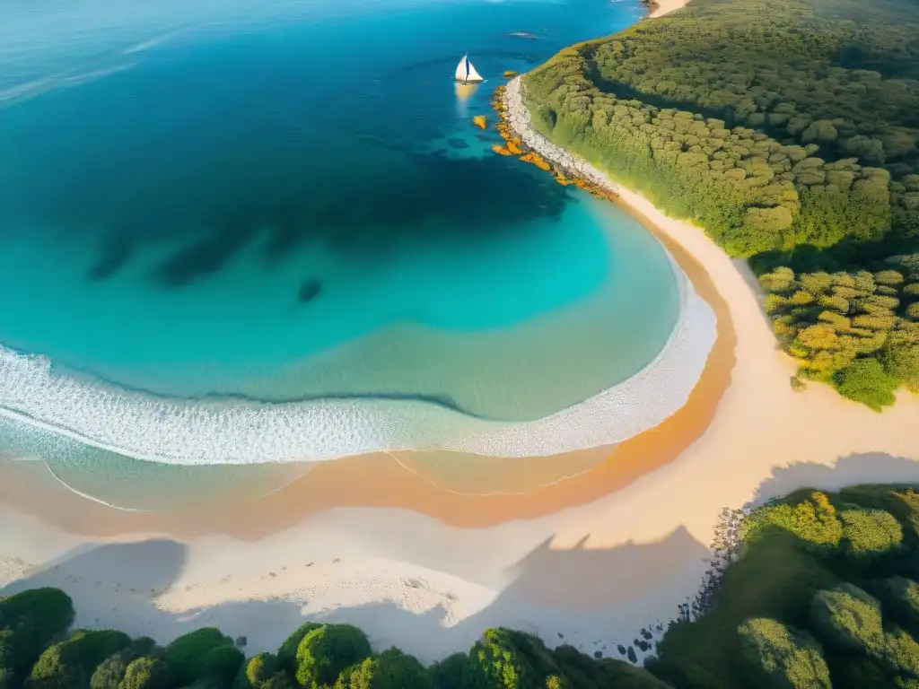 Mejores playas para acampar en Uruguay: Amanecer en playa solitaria con carpa entre verde exuberante y aguas turquesas