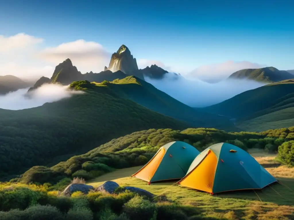 Mejores tiendas de campaña para el clima en Uruguay: fila de coloridas y resistentes carpas en paisaje uruguayo