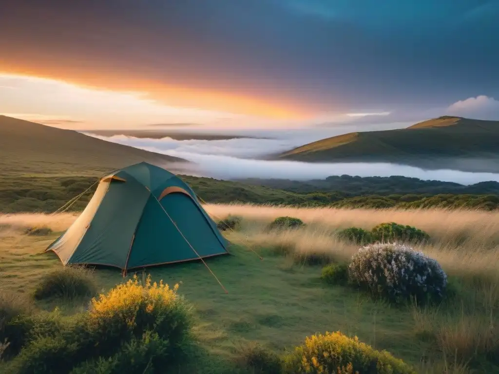 Las mejores tiendas de campaña para el clima de Uruguay en un paisaje deslumbrante al atardecer mostrando una llanura vasta y verde