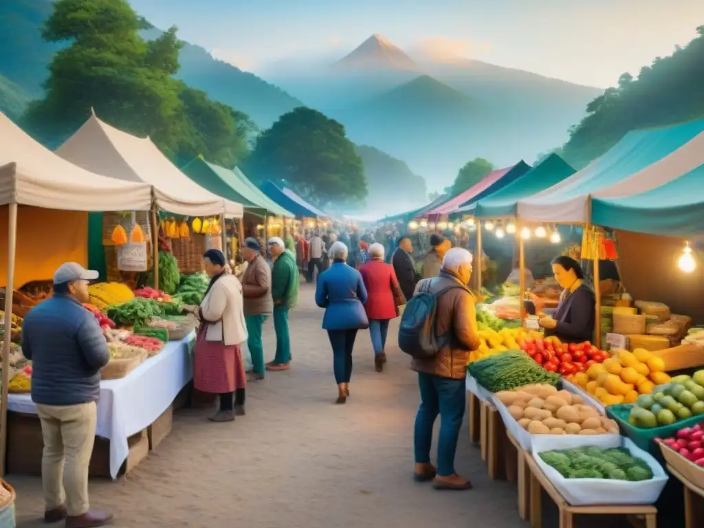 Un mercado comunitario bullicioso en un camping, con artesanos locales y turistas aprendiendo sobre la cultura