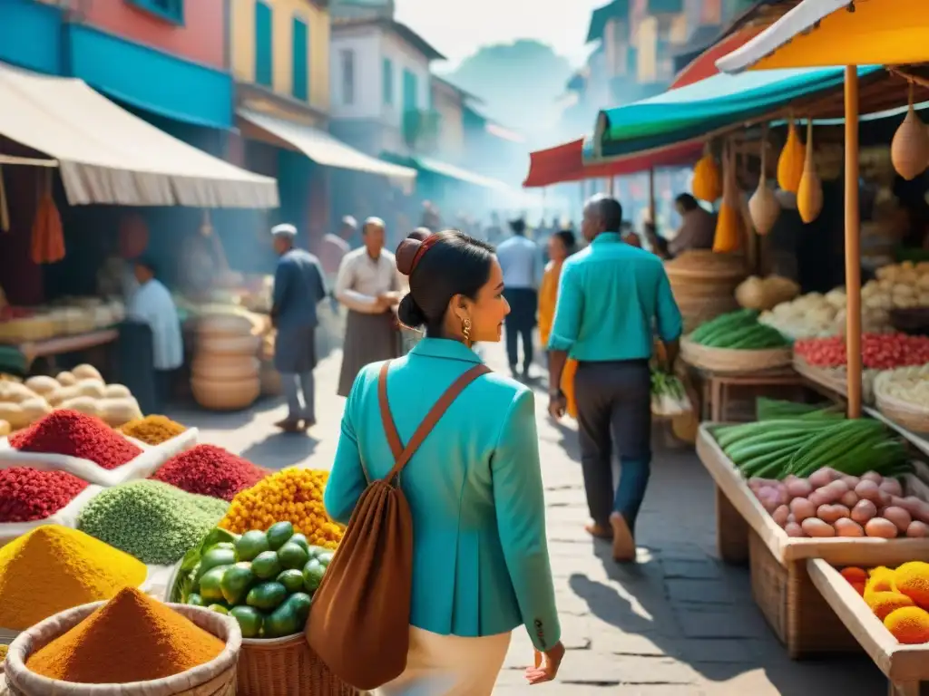 Un mercado local bullicioso con artesanías, productos frescos y delicias locales