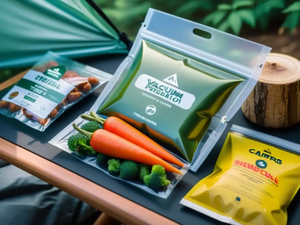 Una mesa de campamento con alimentos envasados al vacío, mostrando consejos para envasado al vacío en excursiones al aire libre