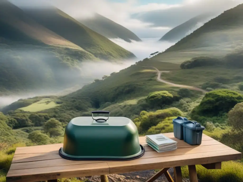 Una mesa de camping con equipo de manejo de desechos organizado en un entorno natural