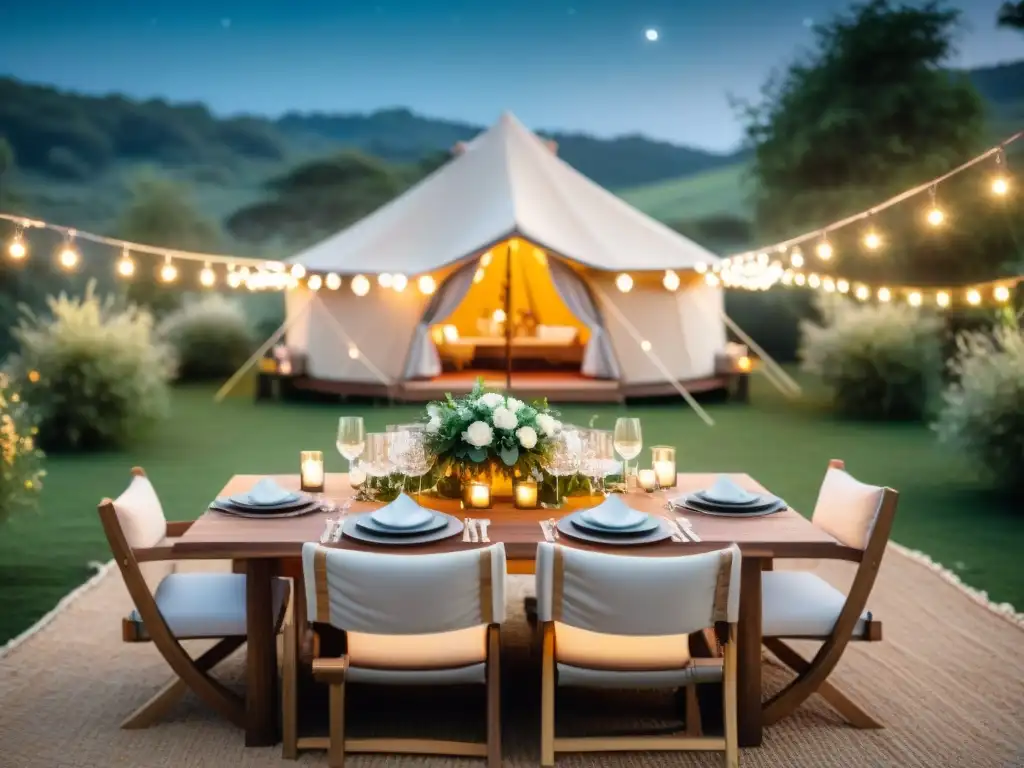 Mesa elegante en glamping de lujo bajo las estrellas con mobiliario sofisticado y naturaleza exuberante