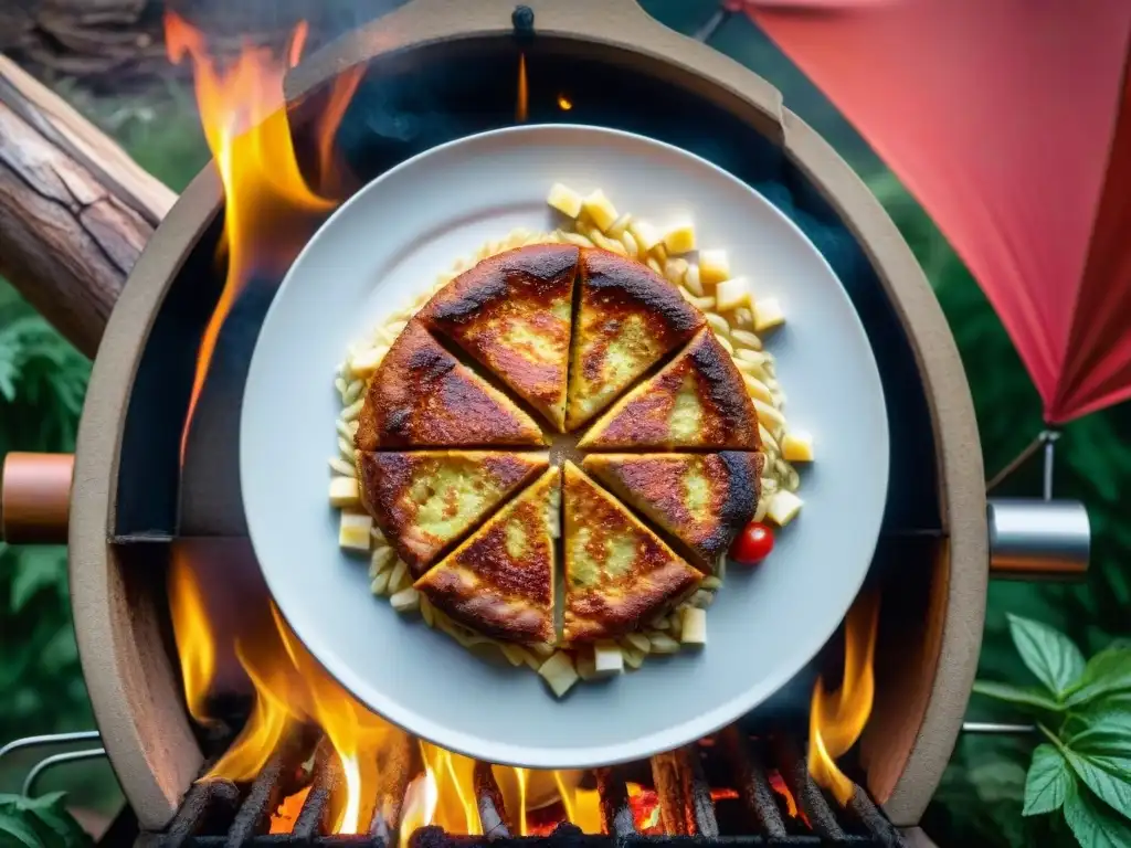 Una milanesa dorada sizzling en la parrilla de un campamento, rodeada de un escenario pintoresco bajo un cielo estrellado