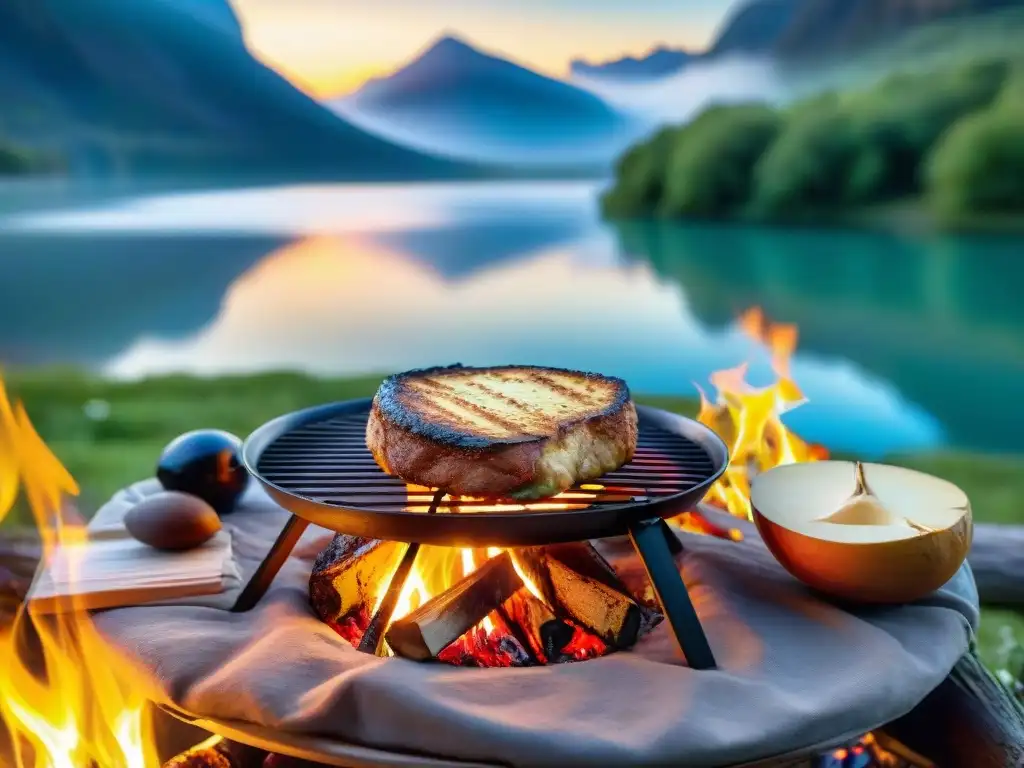 Milanesa a la parrilla cocinando en un entorno camping al atardecer junto a un lago sereno y un cielo colorido