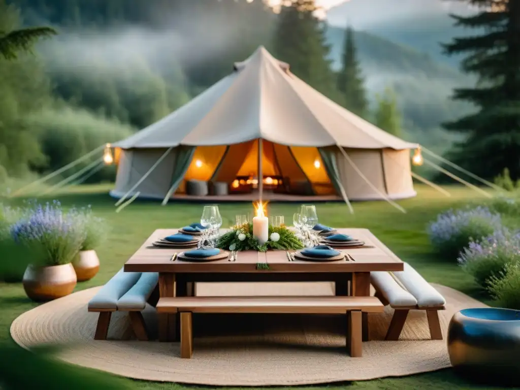 Mobiliario para glamping de lujo en medio de un bosque sereno, con mesa elegante, velas y flores silvestres