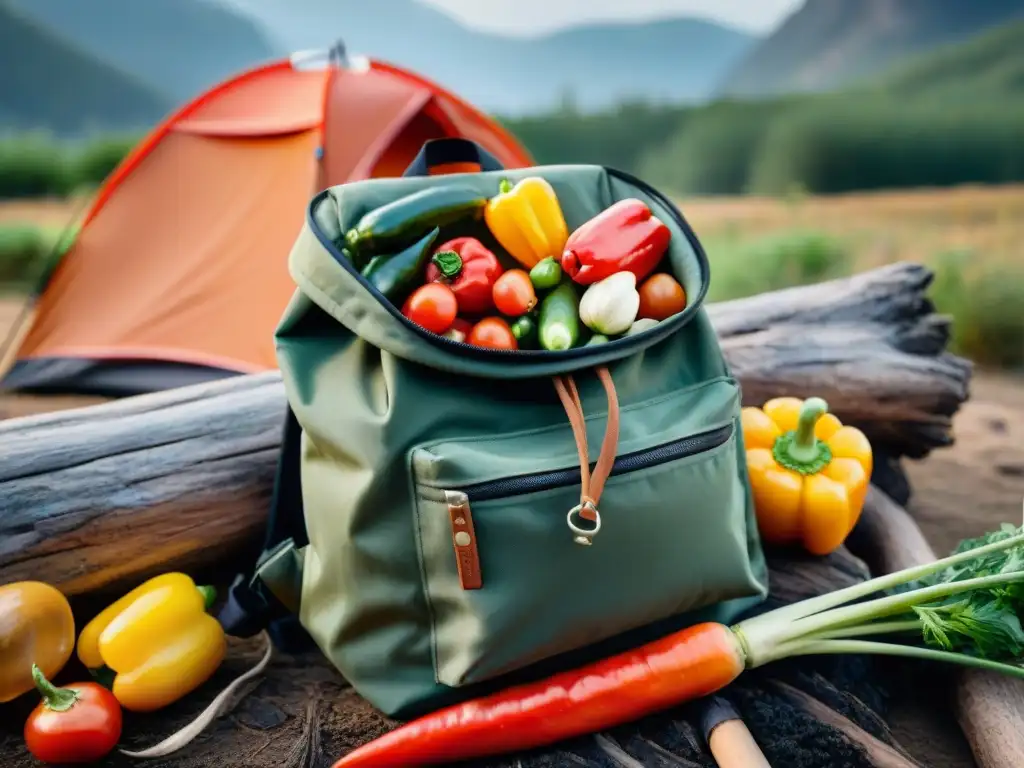 Una mochila de camping rústica llena de bolsas de verduras deshidratadas, junto al fuego y la tienda de campaña bajo las estrellas