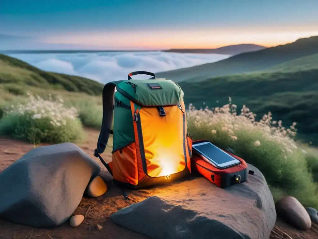 Una mochila inteligente para camping en Uruguay, fusionando tecnología y naturaleza en un escenario escénico