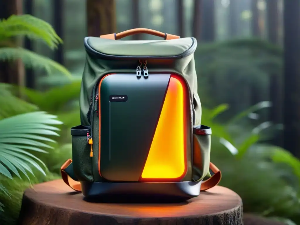 Mochila inteligente para camping en Uruguay, con paneles solares y GPS, en un bosque verde iluminado por el sol