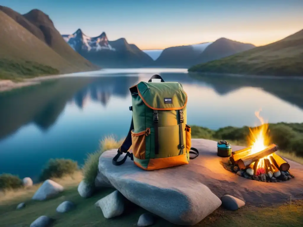 Mochila inteligente para camping en Uruguay con tecnología y naturaleza en armonía al atardecer