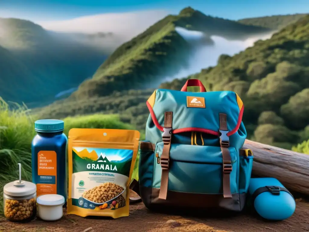 Una mochila repleta de alimentos esenciales para travesías de camping en Uruguay, con fondo de bosques verdes y cielo azul claro