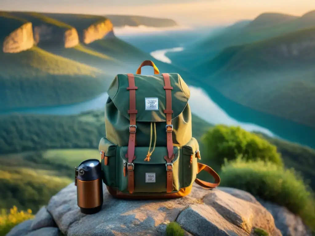 Una mochila técnica para aventureros sobre un acantilado, con equipo de campamento y botas de senderismo