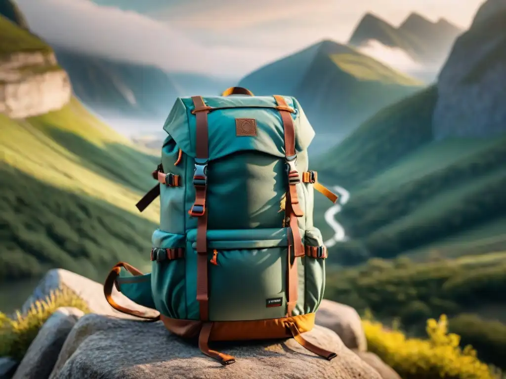 Una mochila técnica de calidad superior para camping, con paisaje de montaña al amanecer