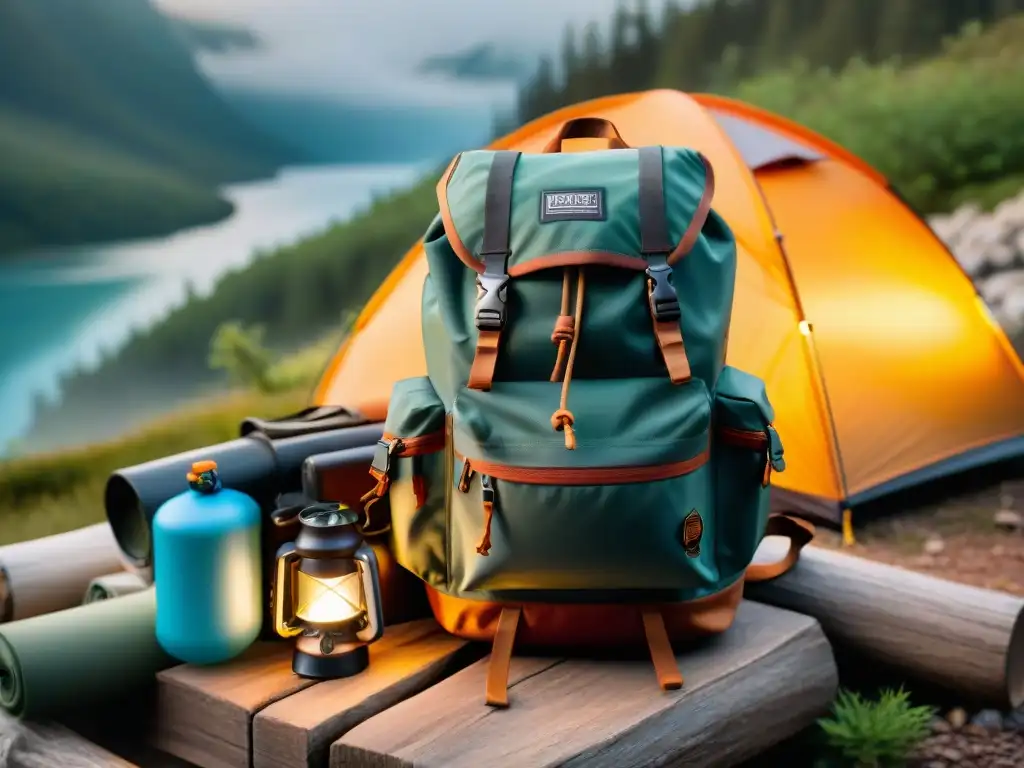 Mochila técnica camping con accesorios organizados para aventura al aire libre