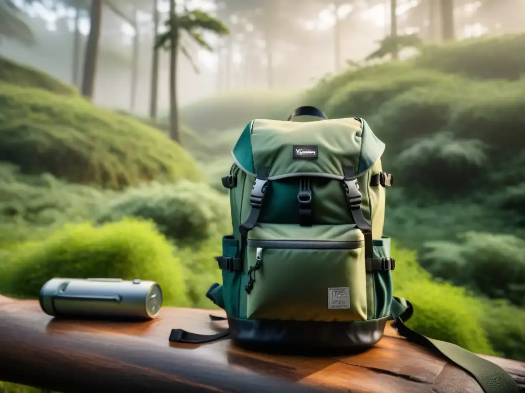 Una mochila técnica para camping en Uruguay cargada con equipamiento en un bosque verde iluminado por el sol