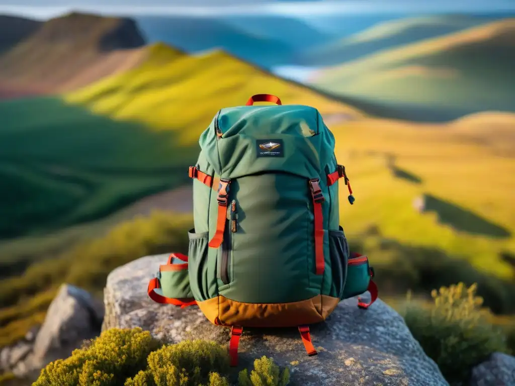 Una mochila técnica para camping en Uruguay reposa en un mirador, lista para la aventura