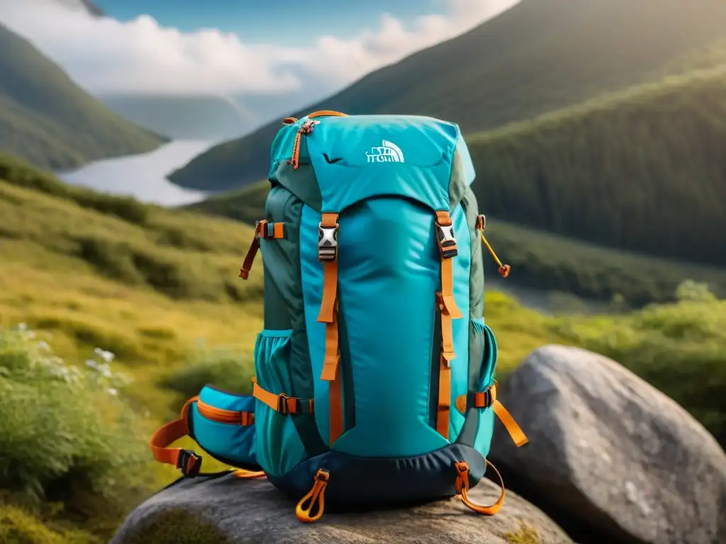 Mochila técnica para camping en Uruguay con paneles solares, sistema de hidratación y GPS, en un bosque verde y cielo azul