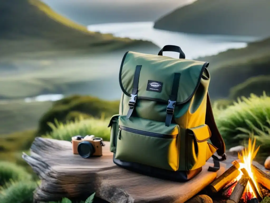 Una mochila técnica resistente en un escenario de camping en Uruguay, entre árboles verdes y luz solar filtrada