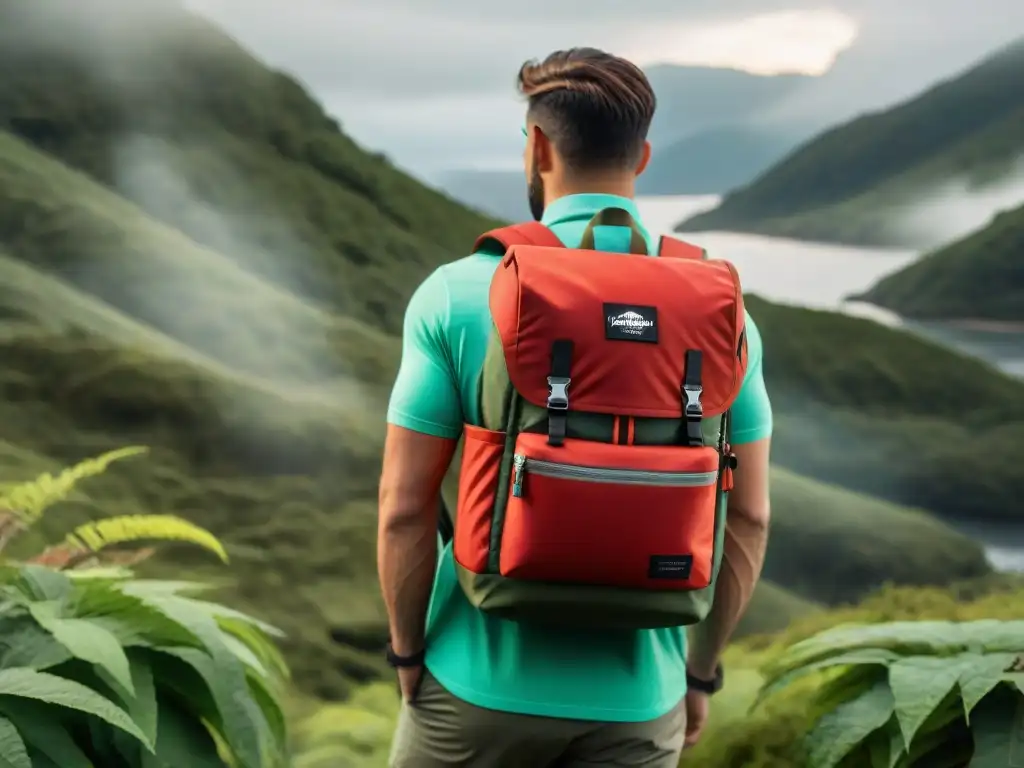 Una mochila técnica ultraligera roja en un bosque verde vibrante