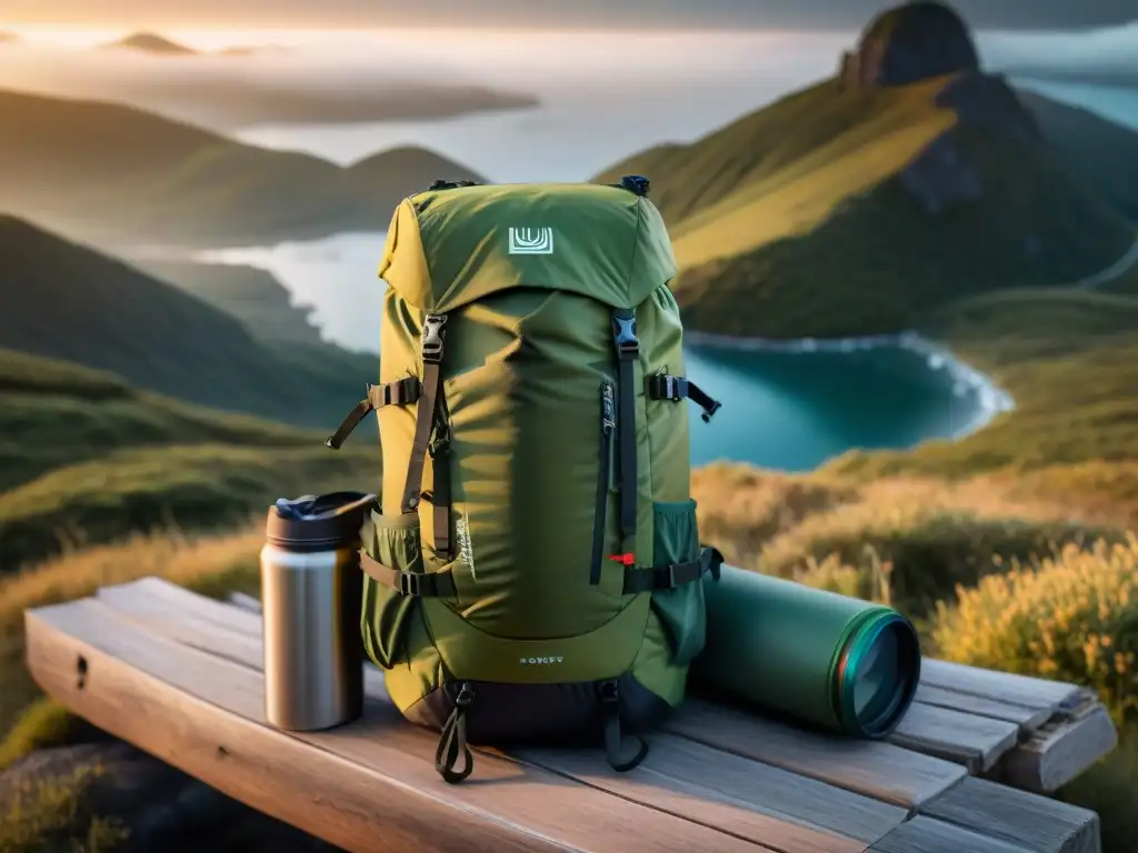 Una mochila ultraligera perfectamente organizada para acampar en Uruguay, con equipo de trekking alrededor en suaves tonos dorados