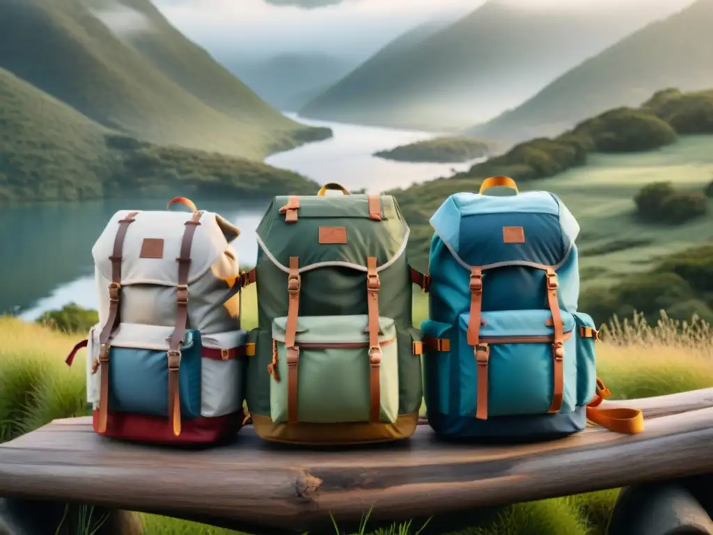 Mochilas técnicas camping Uruguay: Detalles y durabilidad de mochilas en paisaje campestre