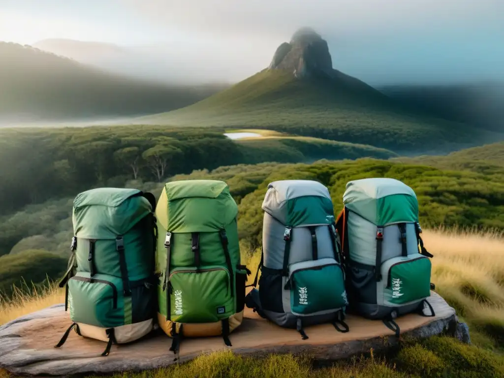 Mochilas técnicas para camping en Uruguay, organizadas con equipamiento en un bosque verde soleado