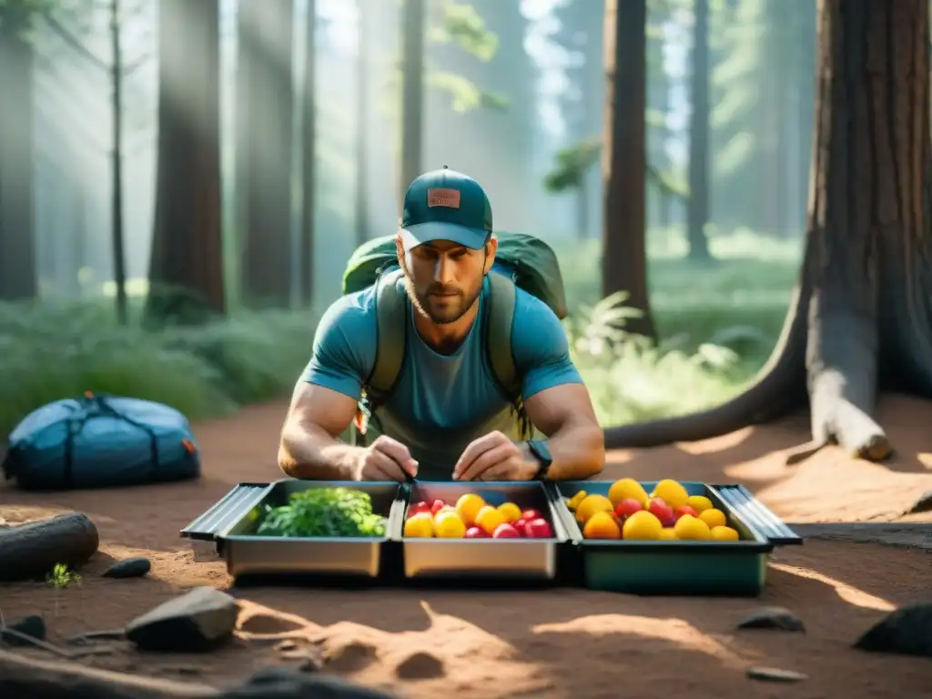 Un mochilero detallista deshidratando alimentos en la naturaleza