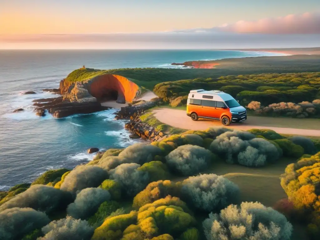 Un moderno camper estacionado en la costa de Uruguay, con el mar de fondo y el sol poniéndose en tonos naranjas y rosas