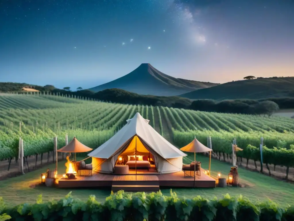 Un momento inolvidable de glamping en Uruguay: una tienda de lujo entre viñedos, amigos disfrutando de una cata de vinos bajo las estrellas