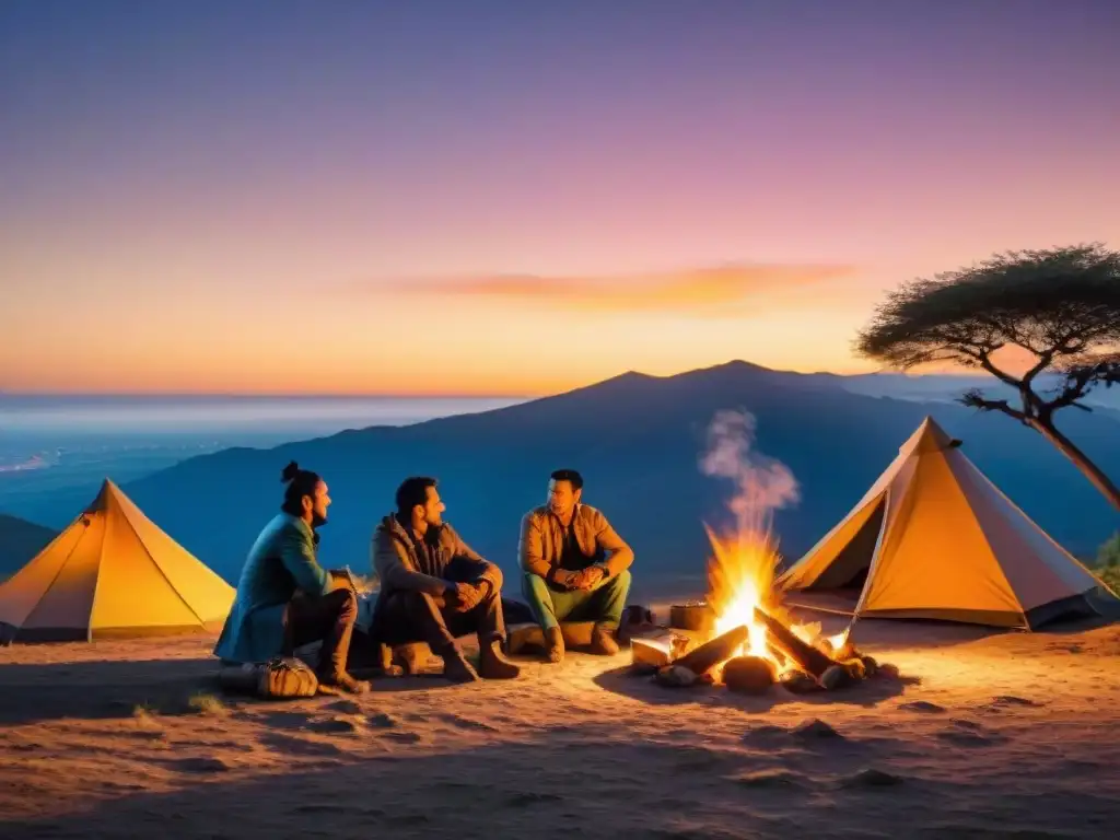 Un momento mágico en un campamento uruguayo: familias alrededor de una fogata, mate en mano