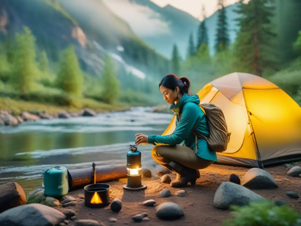 Un momento de paz en un campamento, filtración de agua para acampar junto a un arroyo cristalino