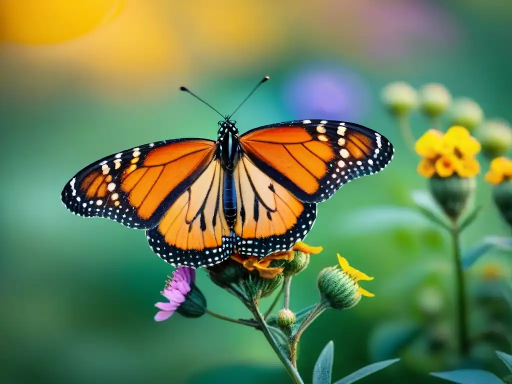 Mariposa Monarca en flores silvestres al atardecer, destacando la importancia de las mariposas en los ecosistemas y el camping