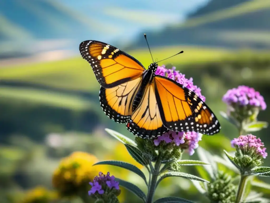 Mariposa uruguaya Monarca posada en flor verbena, con patrones en alas al sol