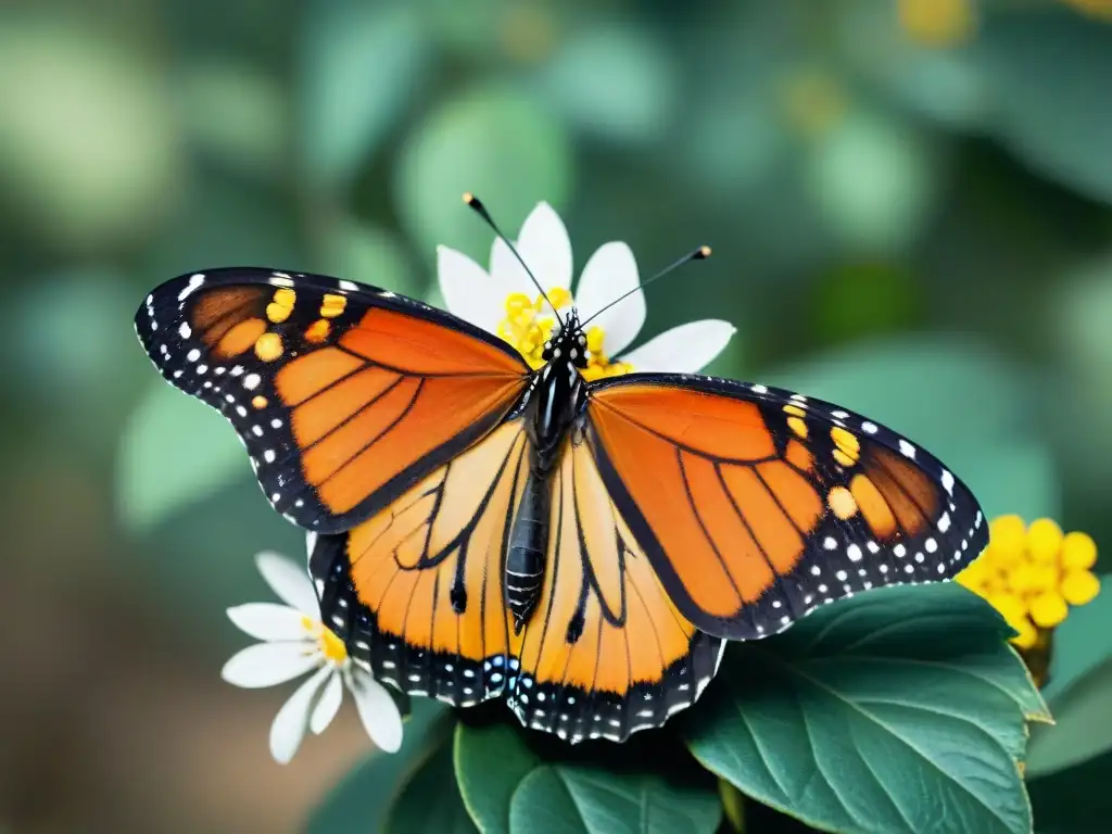 Una Monarca vibrante polinizando una flor colorida en un camping de Uruguay, resaltando la importancia de las mariposas en los ecosistemas camping