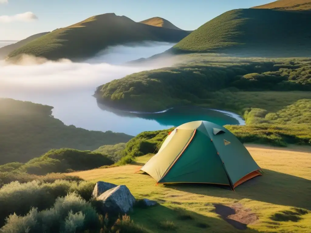 Montaje experto de tienda de campaña resistente en paisaje natural de Uruguay, ideal para 'Mejores tiendas campaña clima Uruguay'