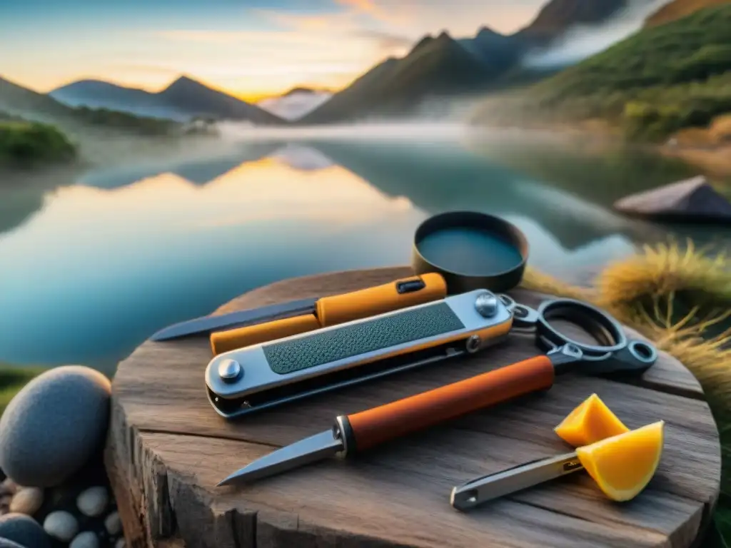 Un multitool brillante en el atardecer uruguayo, junto a un campamento y lago sereno