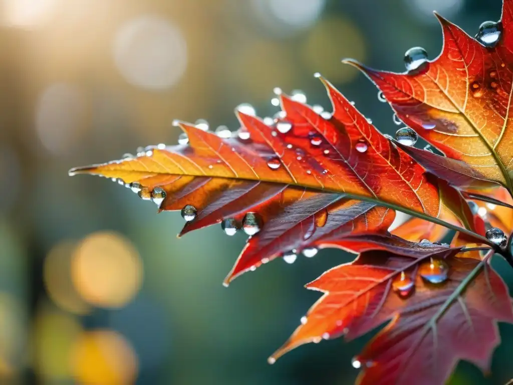 Fotografía paisajes otoño Uruguay: Hoja de arce roja y naranja con gotas de rocío, bosque otoñal difuminado y luz dorada cálida