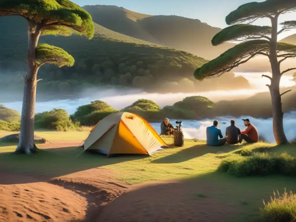 Acampando en la naturaleza de Uruguay con accesorios de fotografía, un escenario mágico al atardecer