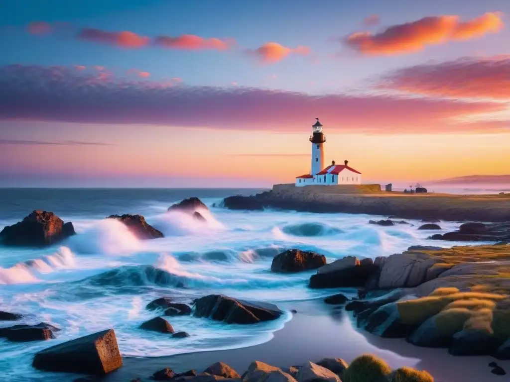 Fotografía de naturaleza en Uruguay: Atardecer vibrante sobre Cabo Polonio, con su icónico faro y gaviotas en el cielo naranja y rosa