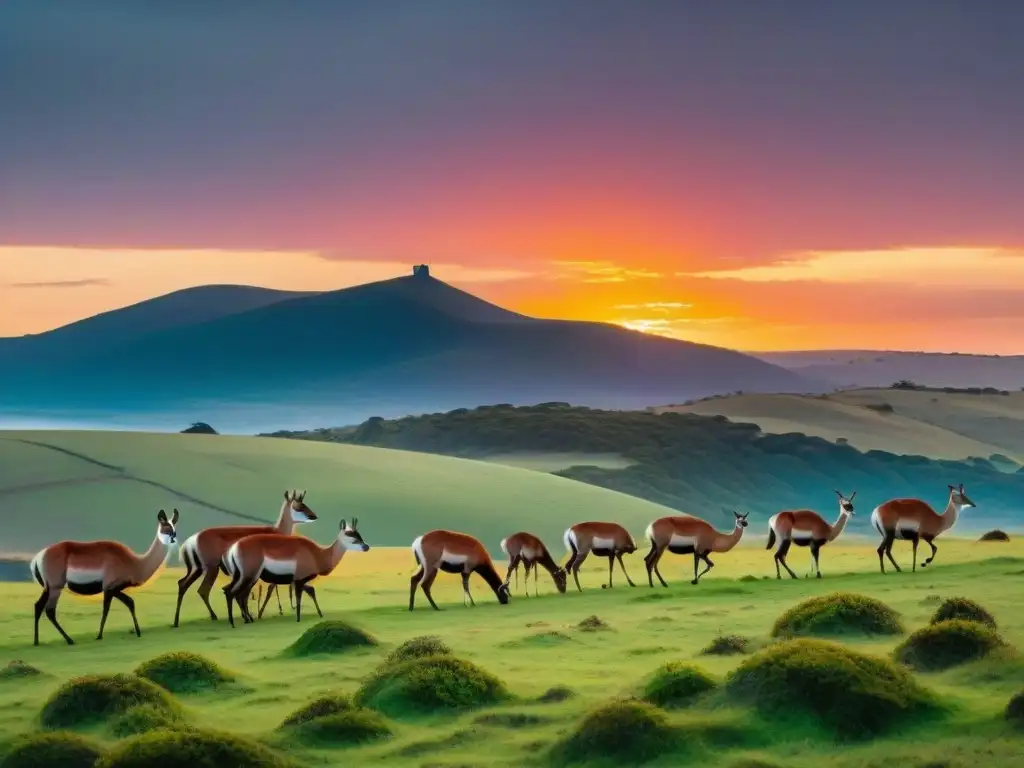 Fotografía de naturaleza en Uruguay: Atardecer carmesí sobre colinas verdes, guanacos pastando bajo cielo en llamas