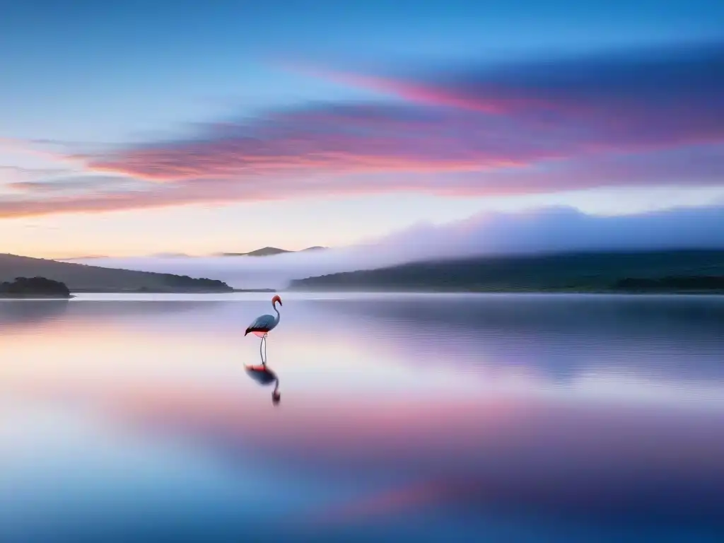 Fotografía de naturaleza en Uruguay: Amanecer sereno sobre Laguna Garzón, reflejos pastel en aguas calmas y flamenco en la distancia